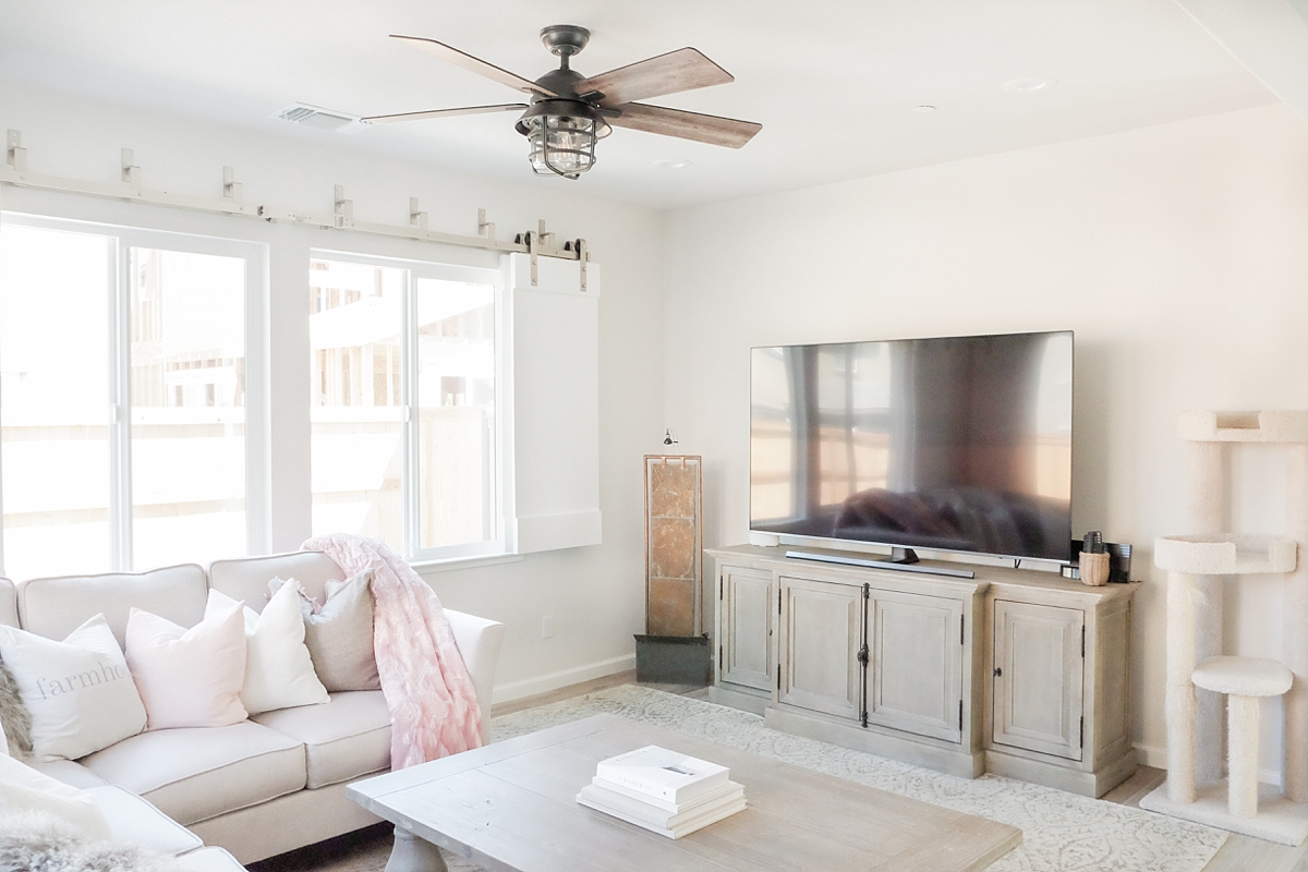 Living room with barn door shutters