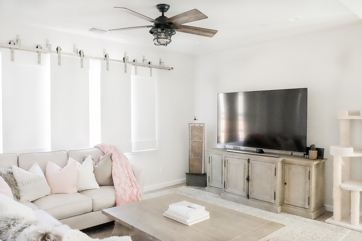 Living room with barn door shutters